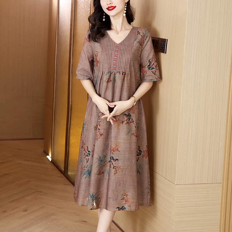 2024 New Women's Chinese Style V-neck Embroidered Loose Skirt Large Loose Tight Dress Casual Elegant Party Dress Vestidos