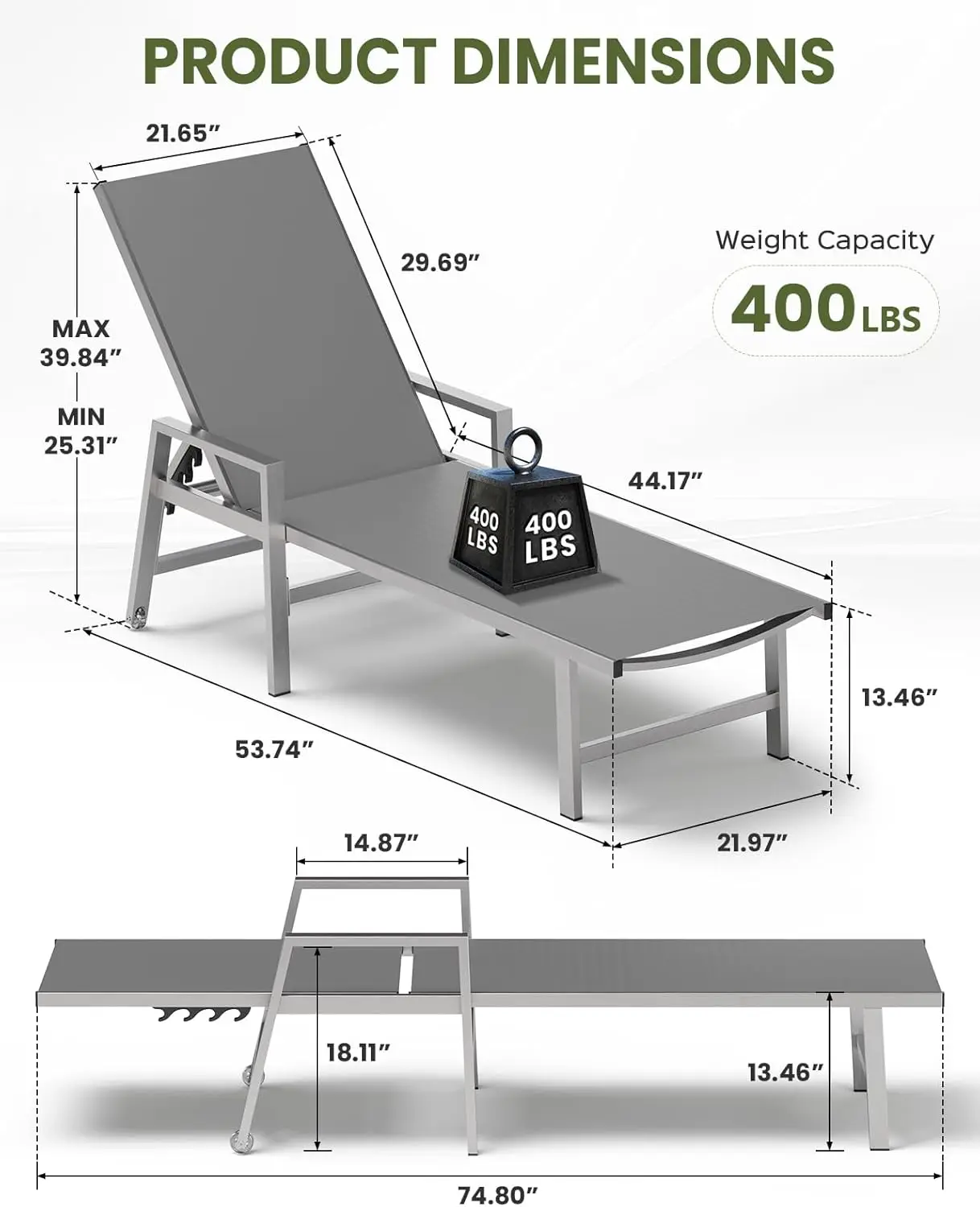 طقم صالة تشيس للفناء الخارجي مكون من قطعتين مع عجلات، كرسي قابل للتعديل، مساند للذراعين، رمادي داكن #2