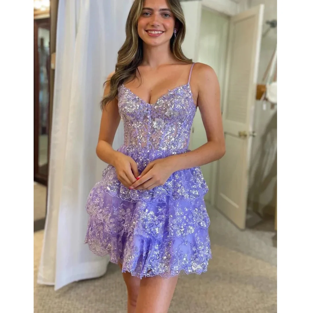 

Lavender Tiered Lace Cocktail Dresses Women Spaghetti Straps Sequin Ruffles Birthday Party Dress Customized Vestido de Novia