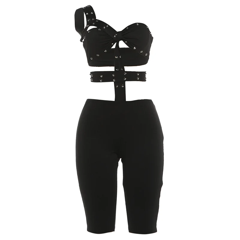 Sisterlinda Rivet Sexy Halter Romper für Damen, rückenfrei, ärmellos, unregelmäßig geschnitten, taillenlos, Sommer, sexy, eng anliegend, Club, Mitternacht, Playsuits – Detail 2