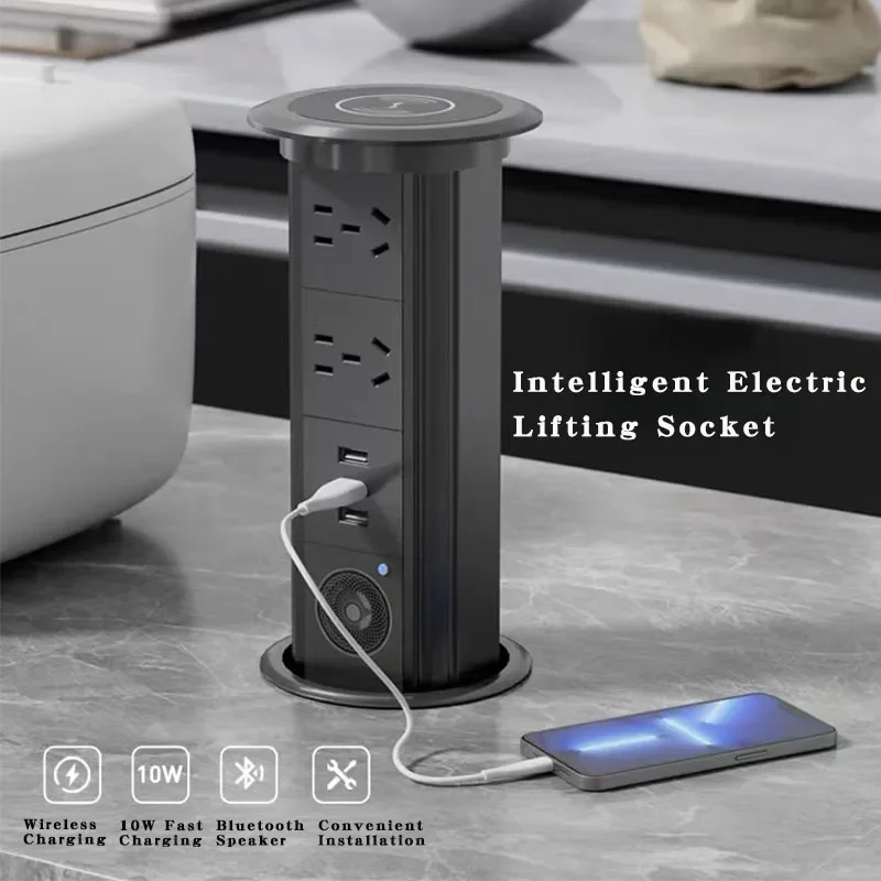 Intelligent electriclifting socket EU fr UK US universal standard embedded Bluetooth speaker wireless charger retractable socket