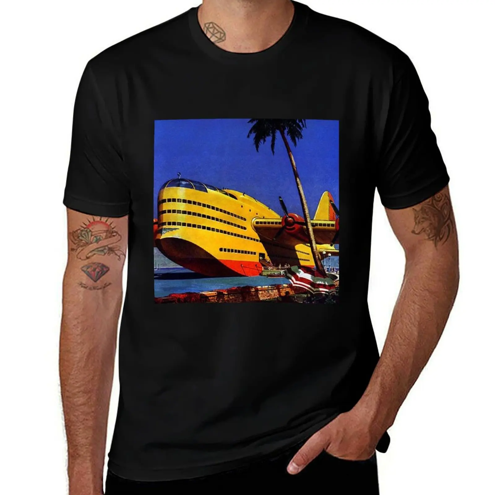 Retro Futurism Sea Plane T-Shirt Outdoor Sports Short Sleeve Top T-Shirt