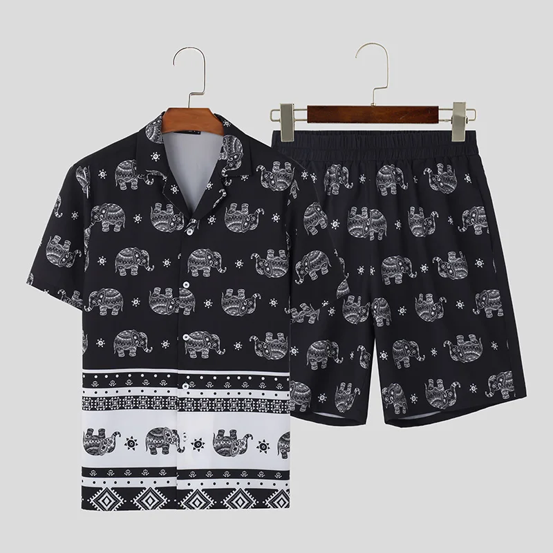 

Summer Men's Clothing Sets Elephant Printing Summer Streetwear Short Sleeve Shirt Shorts 2 PCS Vacation Hawaiian Casual Suits