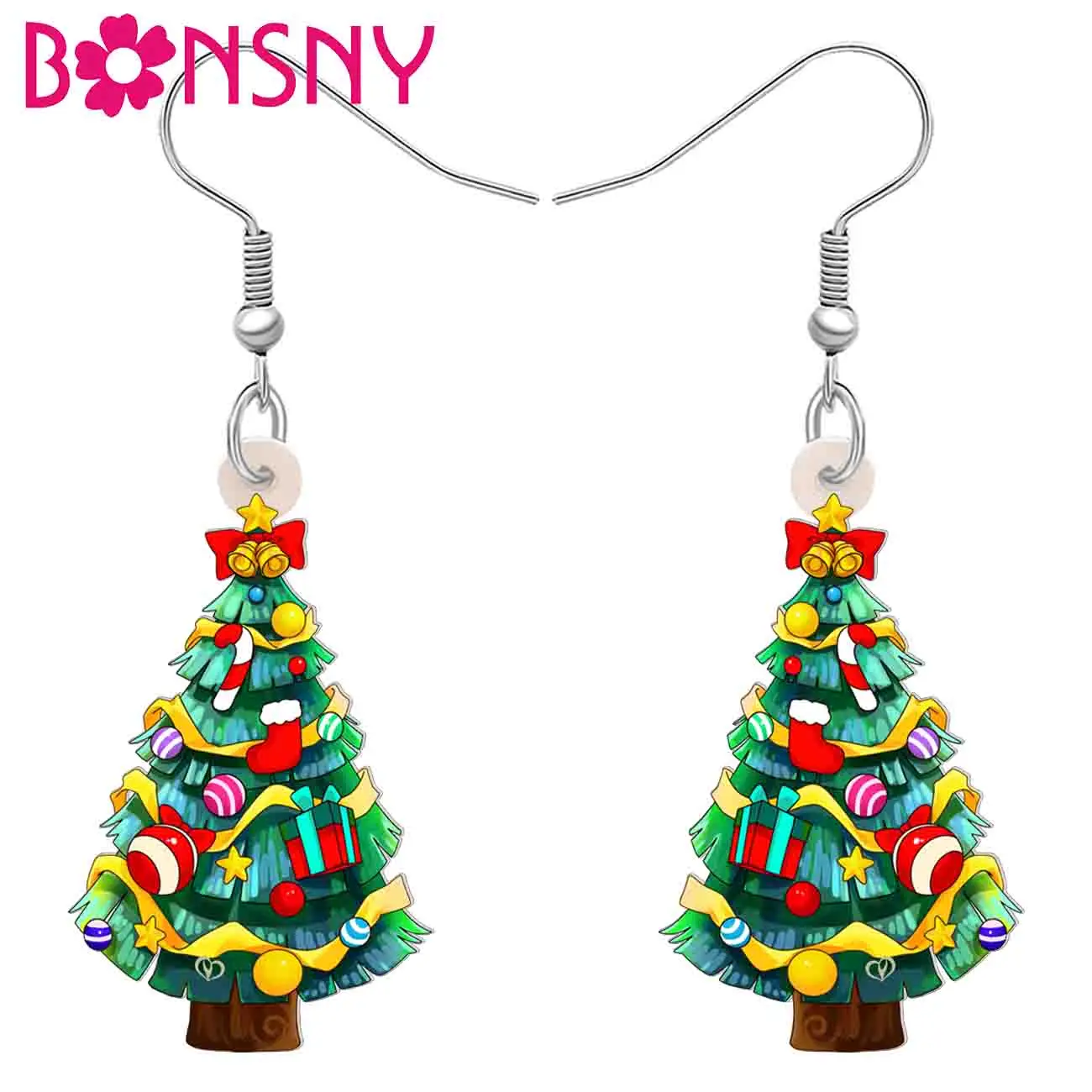 BONSNY Acrylic Romantic Christmas Tree Earrings Charm Plant Drop Dangle Jewelry Party Oranments For Women Kids Girls Gifts