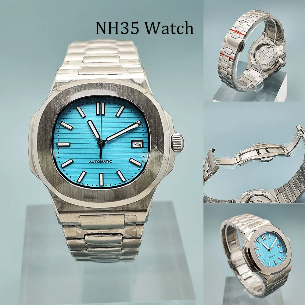 

NH35 Часы Tiffany Синие мужские часы из нержавеющей стали Зеленый светящийся циферблат с сапфировым стеклом Мужские часы NH35 Часы с механизмом