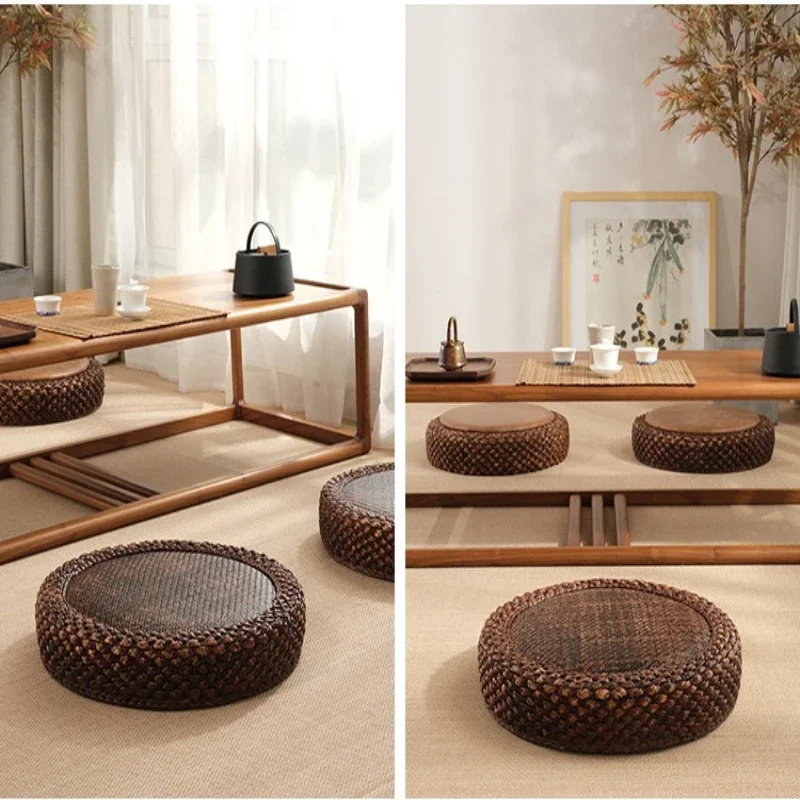 Rattan Woven Meditation Cushion for Floor Sitting Round Pillow Bay Window Side Seat for Tatami Handmade Straw Pouf for Yoga