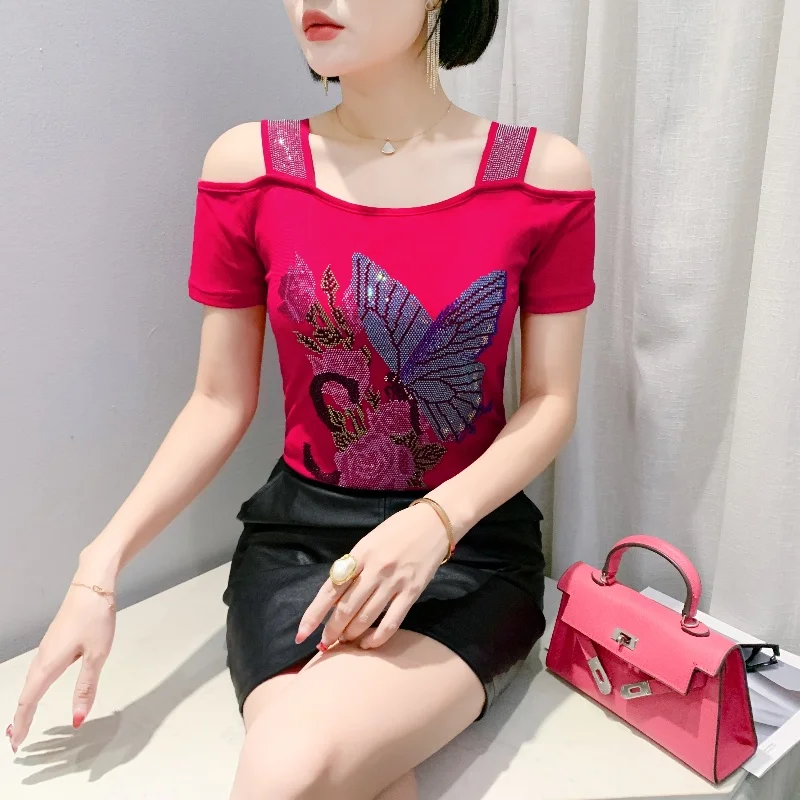 New Streetwear Girl Summer Chic Sexy T-Shirt Clothes Women Fashion Hot Diamonds Mesh Tops Femme Short Sleeve Off Shoulder Tees