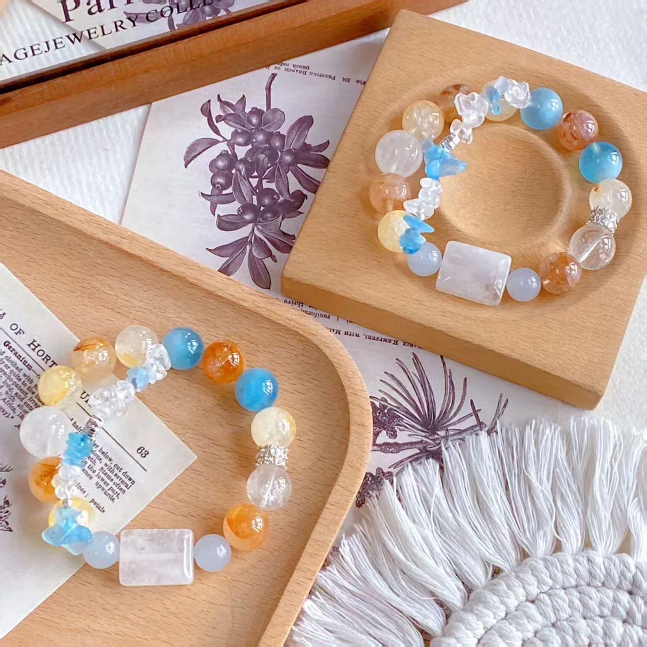 Chinese Style Lucky Natural Aquamarine Gel Flower Citrine White Phantom Crystal Beaded Bracelet 12mm Blessing Fortune Attracting