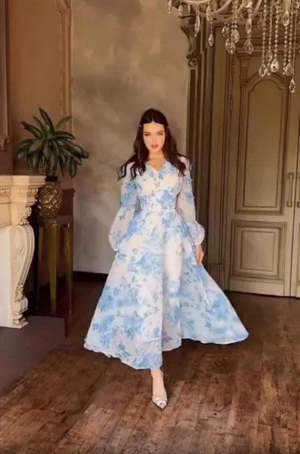 Langes Kleid für Damen, A-Linie, V-Ausschnitt, lange Ärmel, Blumenmuster, elegant, Y2K-Streetwear, taillierte Passform, für Arbeit und Freizeit, Sommer