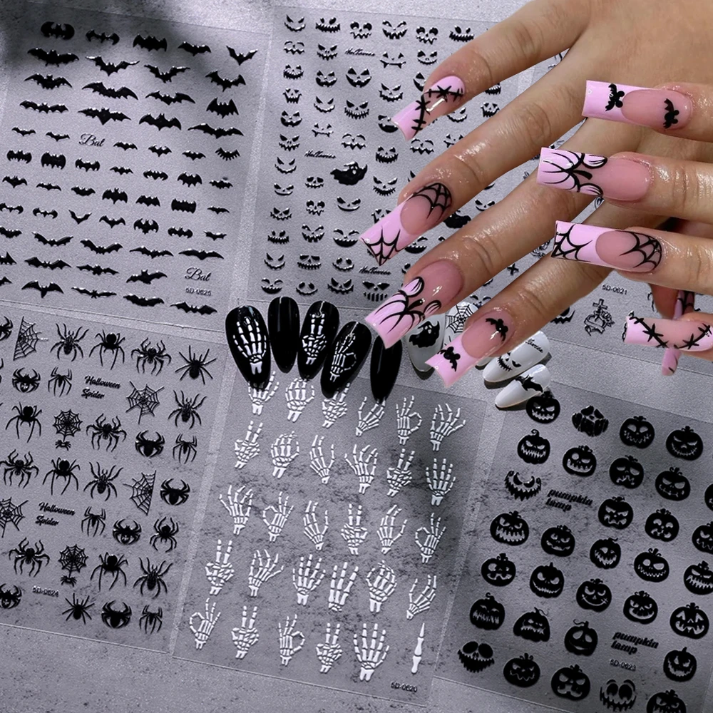 

5D Black Bat Spider Pumpkin Halloween Nail Sticker Dark Series Spooky Ghost Skull Hand Pumpkin Lamp Nail Decal Festival Nail Dec