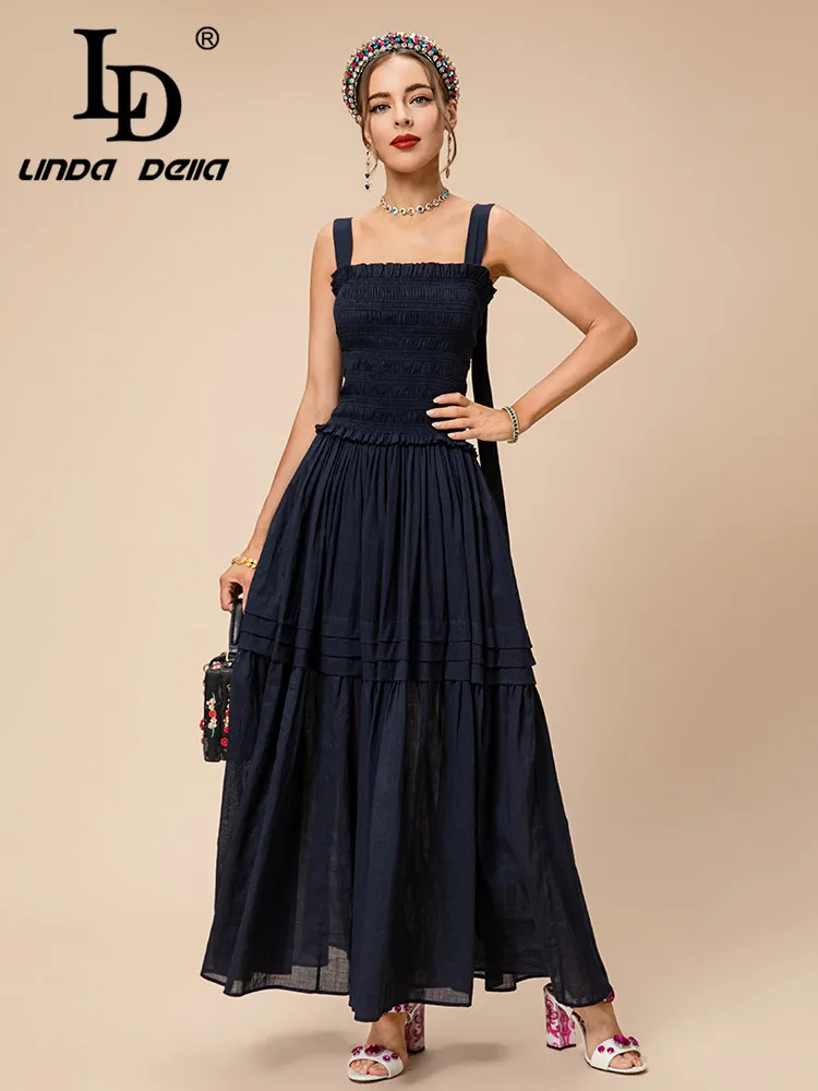 LD LINDA DELLA Summer Runway Fashion Vintage Dress Women's Suspender Tube top  Elastic Waist Splice Draped Travel Long Dress image 5