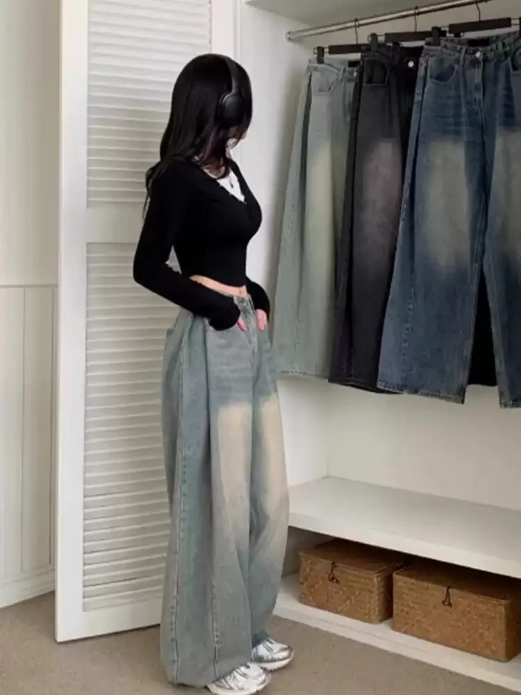 

Стильные женские джинсы с высокой талией, прямые, повседневные, длинные брюки, осенне-зимние, с боковыми складками, из потертого денима, для работы и повседневной носки