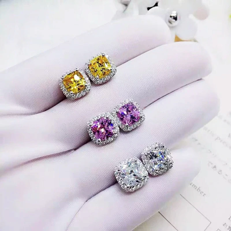 Moissanite VVS1 Square Stud Earrings Women 925 Sterling Silver Moissanita And Zircon Ear Studs Pink Yellow Pass Diamond Tester