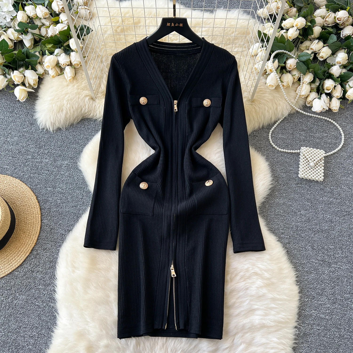 Vintage Long Sleeve Elegant V-neck Chic Zipper Metal Buckle Slim Knitted Dress Korean Evening High Street Autumn Winter Clothing