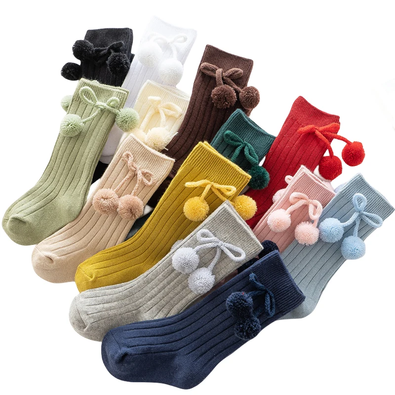 Autumn Winter Baby 0-4 Years Pom Poms Knee High Socks Infant Toddler Ribbed Cotton Socks Solid Color 13 Colors 0-12/12-24/24-36