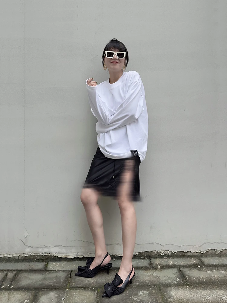 

LEDIM WANG женская свободная длинная хлопковая футболка с буквенным принтом, повседневная однотонная осенняя футболка с надписью, новое поступление, черная футболка