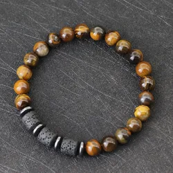 Unique Natural Stone Men Bracelet Hematite Healing Braslet Lava Tiger Eyes Beaded Braclet Pulseria Hombre Outdoor Cycling Joias