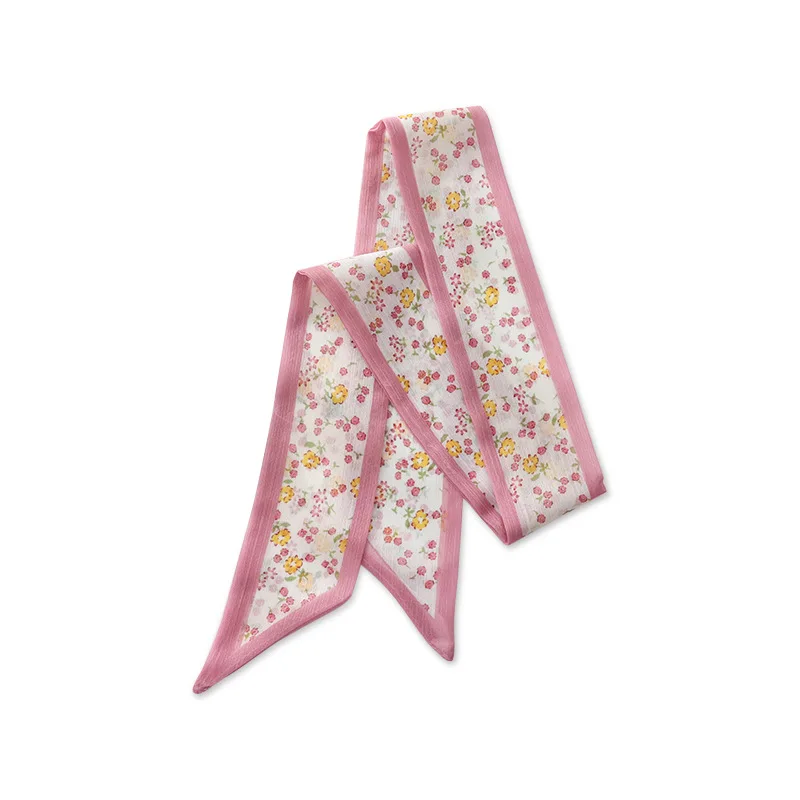 Syal Sutra Panjang Motif Bunga Kecil Warna Pink Retro Prancis untuk Musim Panas, Ikat Rambut, Headband, Syal Tipis Bahan Chiffon untuk Rambut Kepang