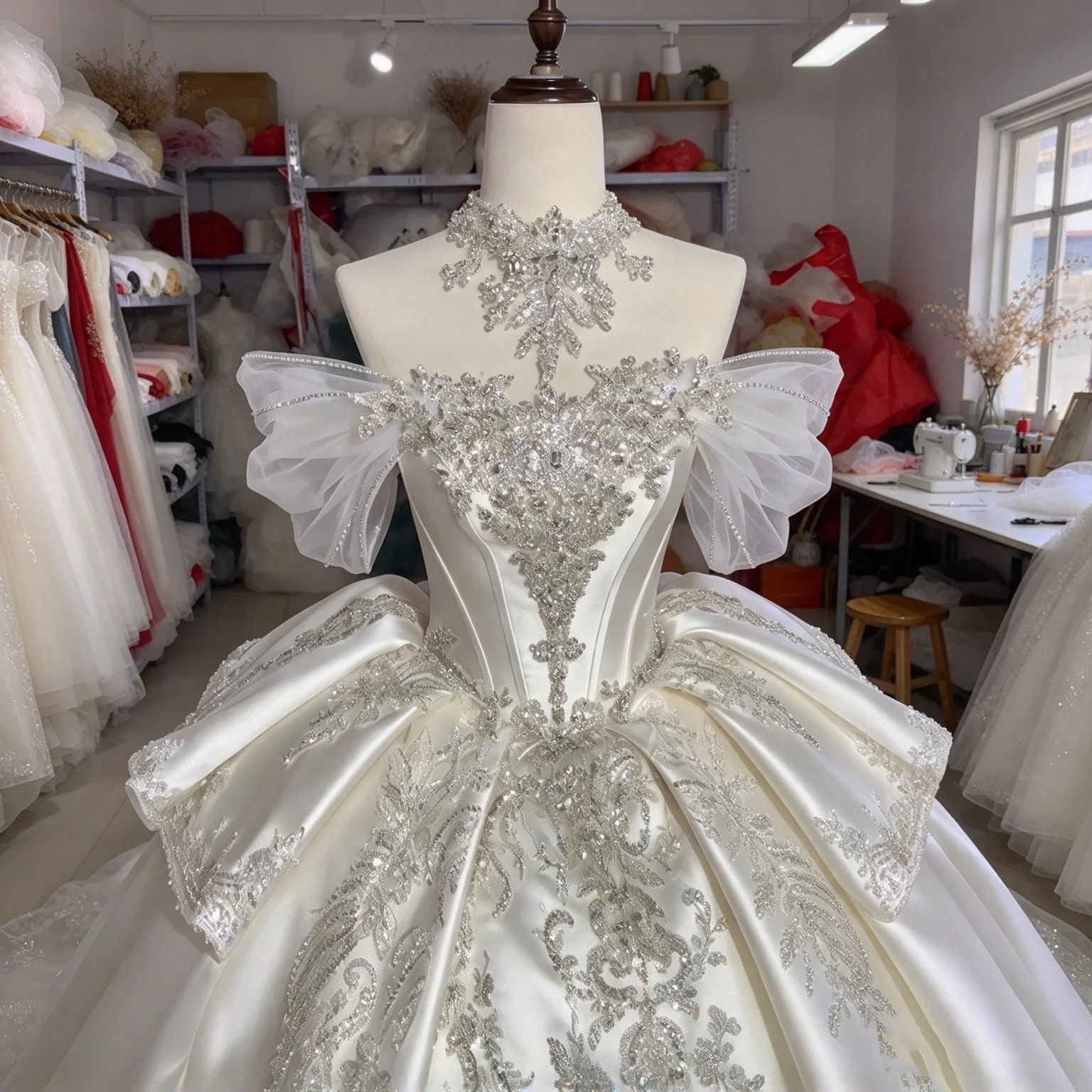 Luxury Satin Ball Gown Wedding Dress High-Neck Beaded Corset Vestidos De Novia Elegant Bridal Dress with Train Customized
