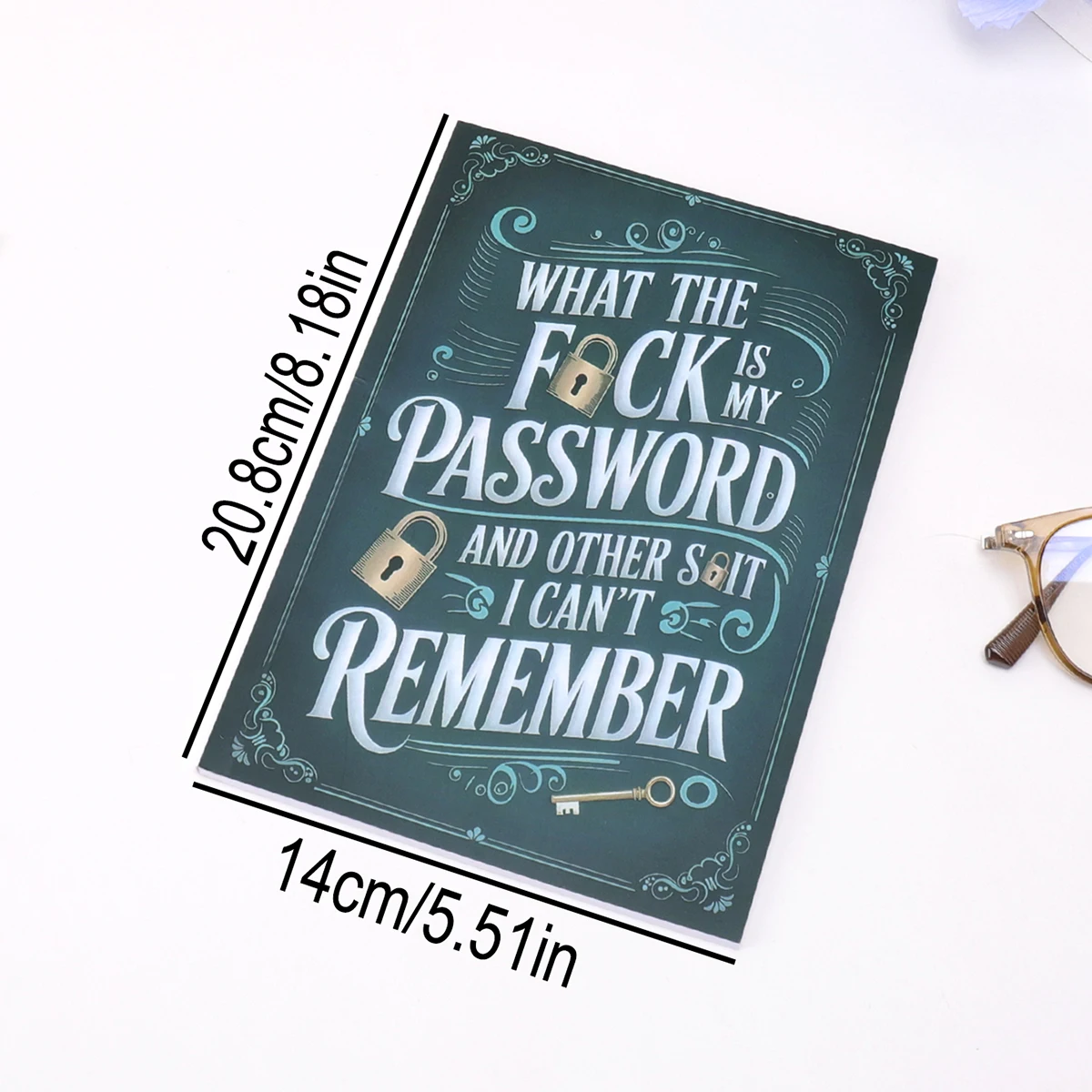 Teal Cover Gold Key Design Notebook - Suitable for Internet and Computer Login, Username and Password Login, Office Notebook