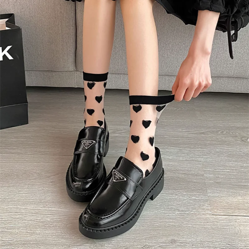 Women Summer Ultra-thin Transparent Glass Silk Socks Striped Heart Floral Print Cute Socks Casual Breathable Elastic Long Socks