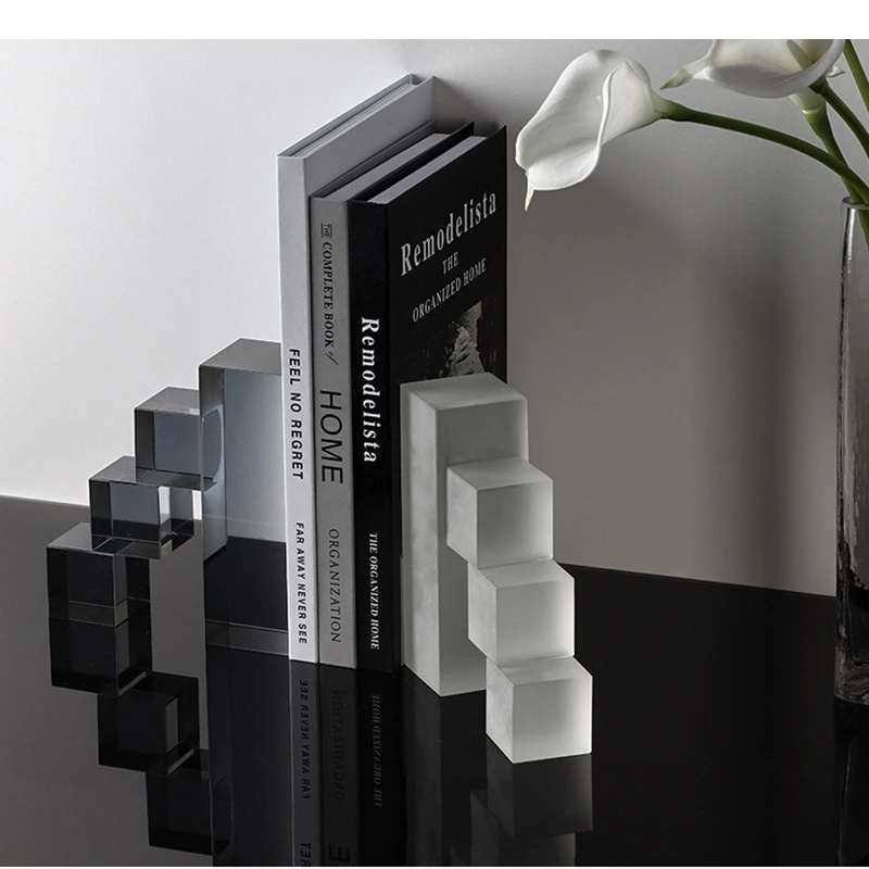 Glass Crafts Crystal Geometric Block Sculpture Stair Shape Book Files Ornaments Transparent Square Decorative Figurines