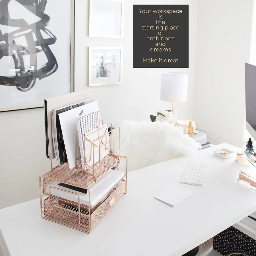 منظم مكتب BLU MONACO Workpace باللون الذهبي الوردي ورف مكتبي مع فارزات الملفات ودرج لزراجات الملفات الورقية