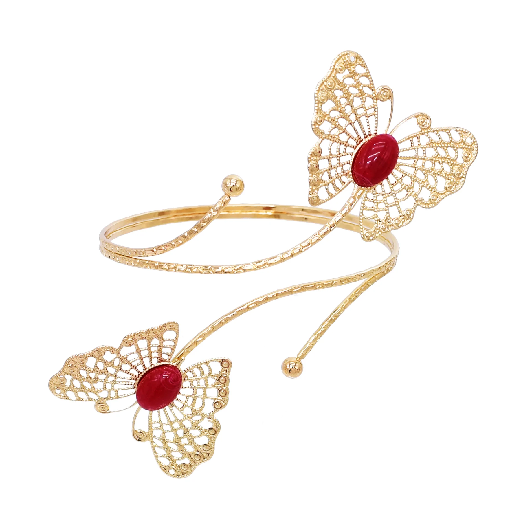Golden Butterfly Cuff Bracelet for Women Red Gem Hollow Filigree Upper Arm Bracelet Vintage Armband Wedding Party Body Jewelry