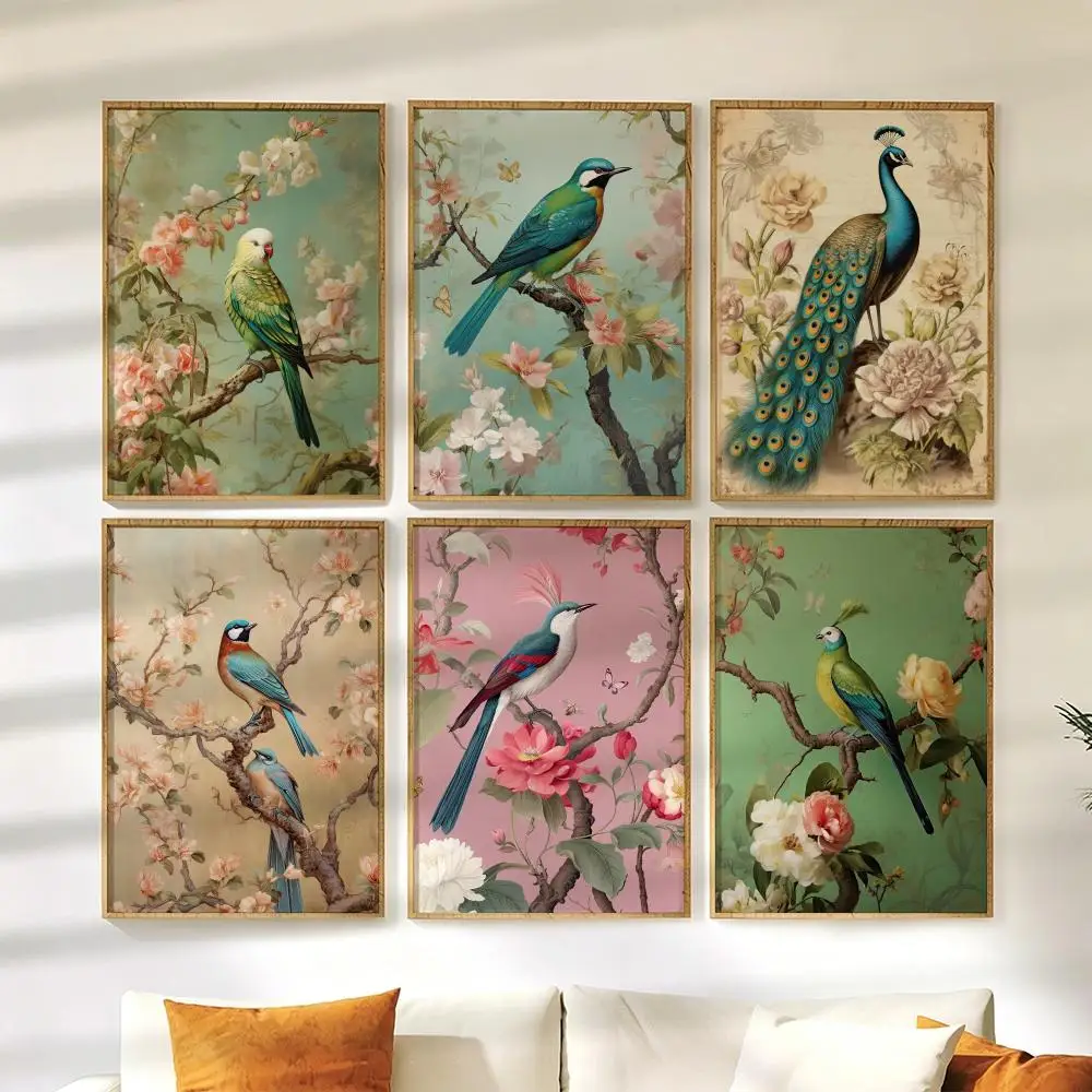 Traditional Chinoiserie Bird Poster Wall Stickers HD Painting Self Adhesive Art Decals for Bedroom Living Room Home Decor