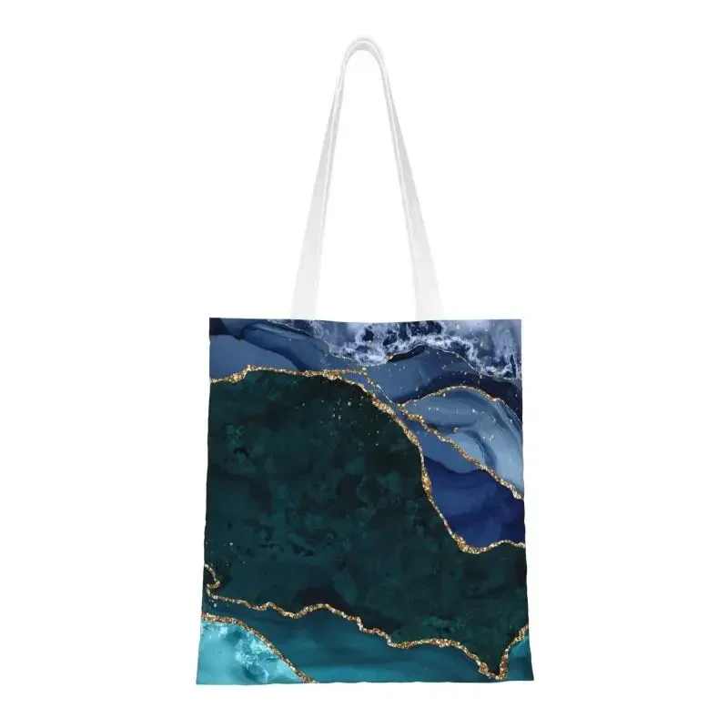 Custom Natural Teal And Indigo Tone Geode Agate Slices Canvas Shopping Bag Women Recycling Grocery Tote Shopper Bags