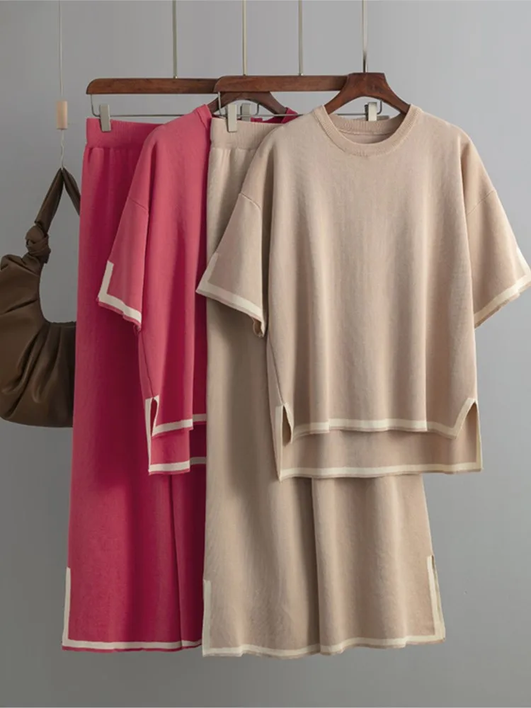 New Fashion Set Elegant Slit Short-sleeved Sweater + High-waisted Wide-leg Trousers Two-piece Set New Office Solid Casual Suit