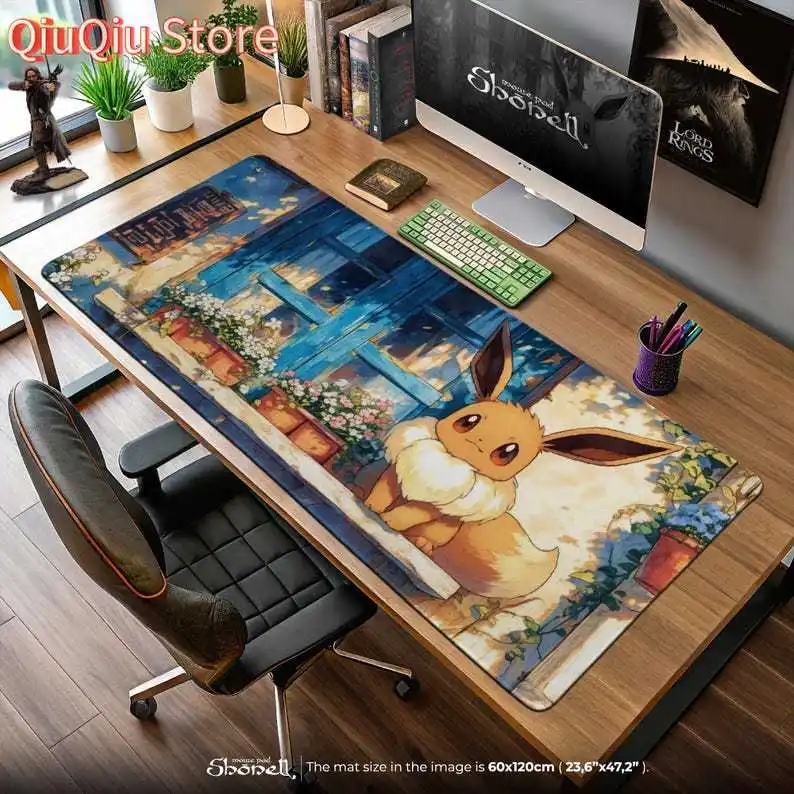 

Коврик для мыши Eevee Cottage Window — уютная сцена на балконе с цветочным принтом покемона, коврик для игрового стола Eevee, подарок в стиле аниме Kawaii