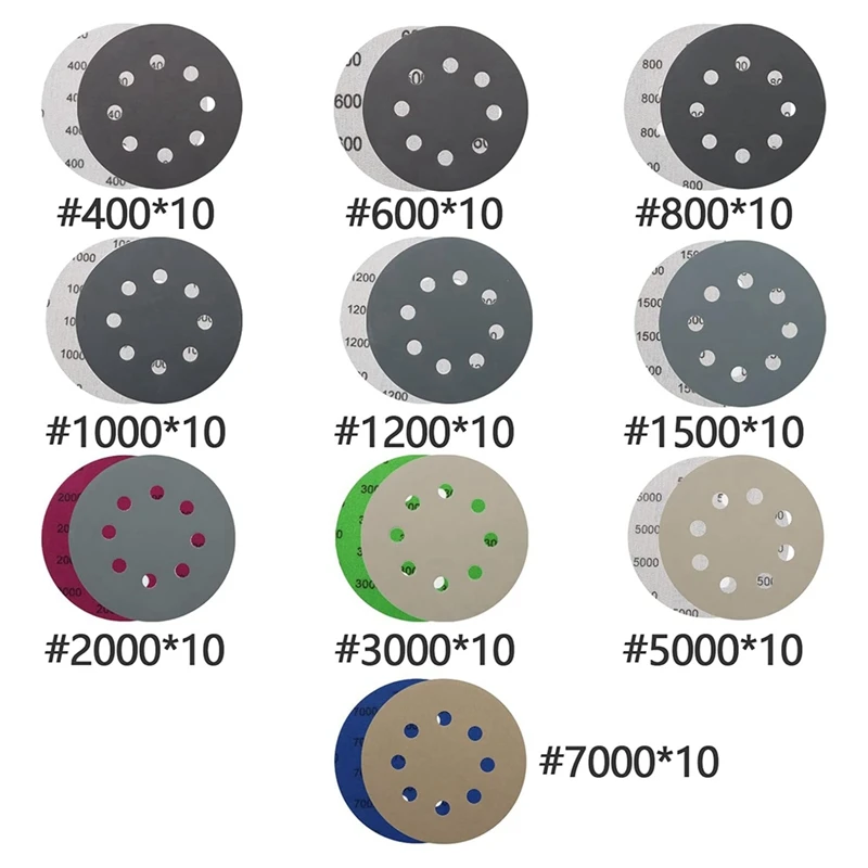 BAAG-100 Buah Cakram Pengamplasan Basah Kering 125Mm,5 Inci 8 Lubang Amplas Kait dan Lingkaran 400-7000Grits Bermacam-macam Set untuk Orbital Sander