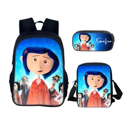 Horror Coraline Schoolbag, mochila de viagem, lancheira, conjunto de lápis, presente para crianças e estudantes