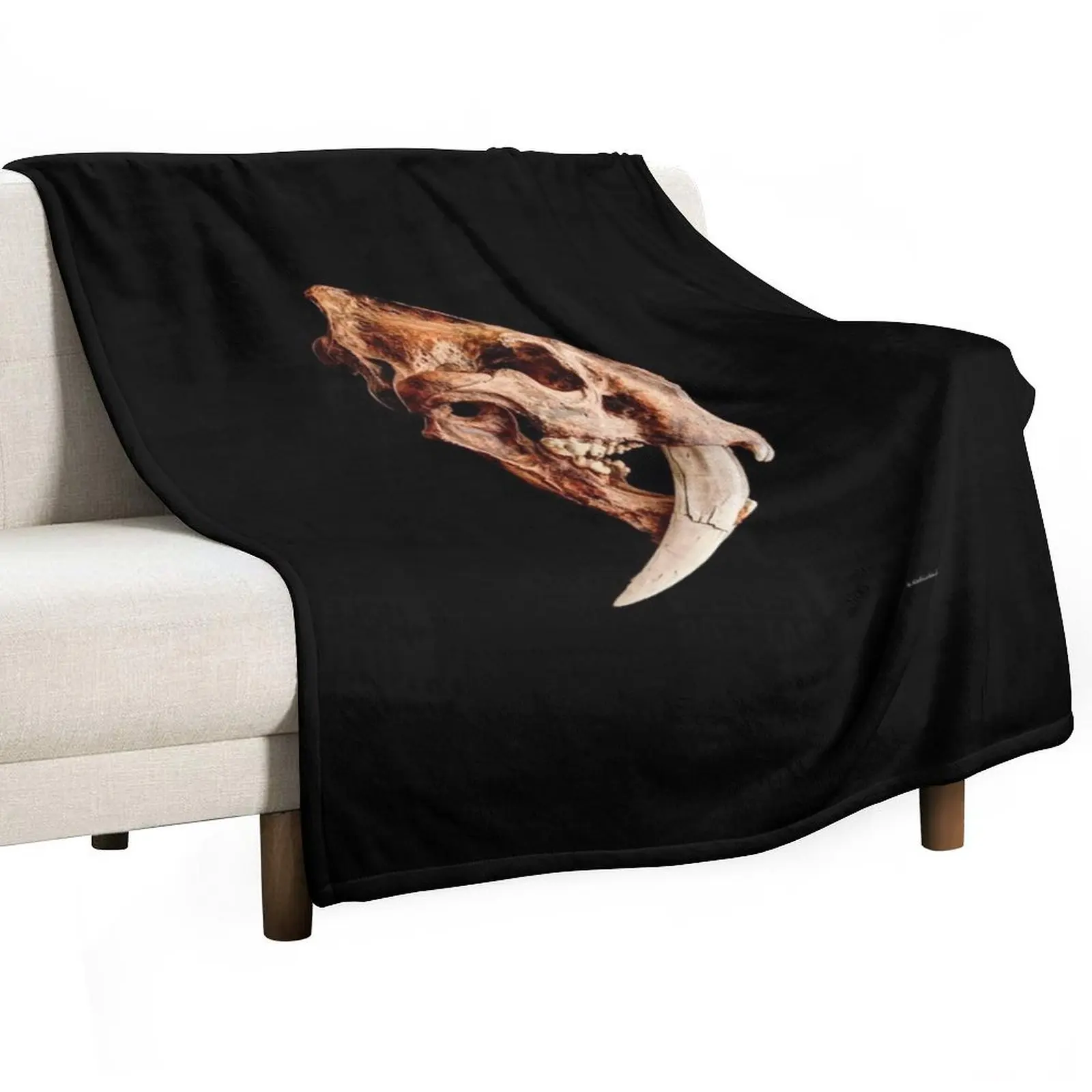 Smilodon fatalis Skull 1 Throw Blanket Flannel Fabric Hairys Blankets