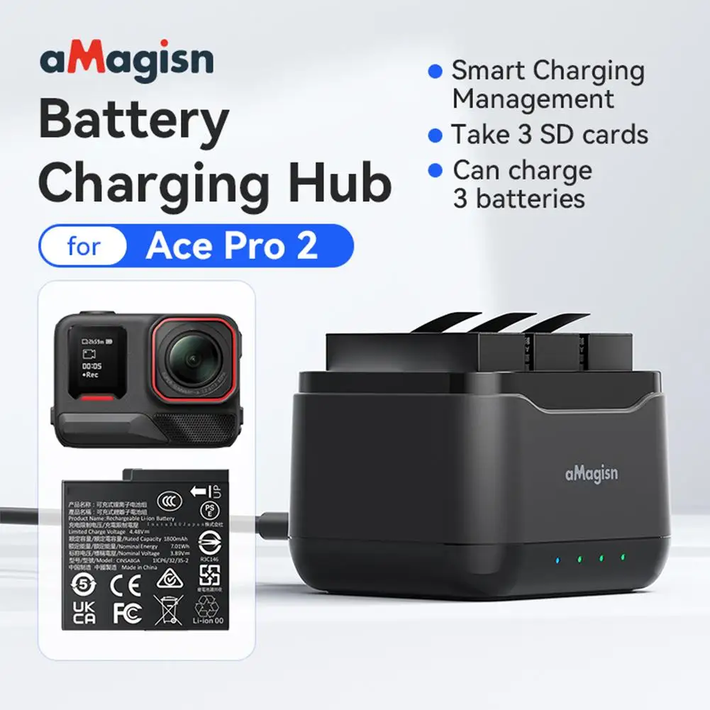 Three-channel Battery Charger For Insta360 AcePro2 With Charging Indicator Light Fast Charging Battery Storage Compartment K2H1