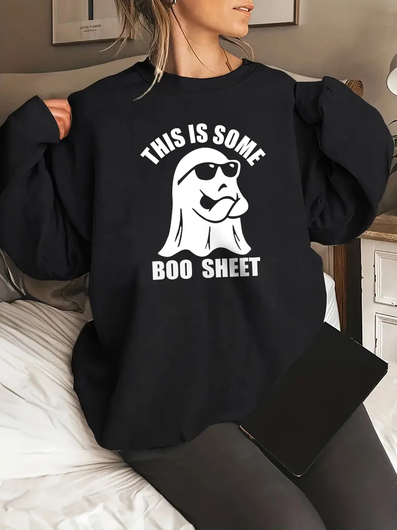 

Women Spooky Cute Halloween Ghost Print Women Sweatshirt Long Sleeve Crew Neck Sweatshirts Women clothing Relaxed Drop Shoulder