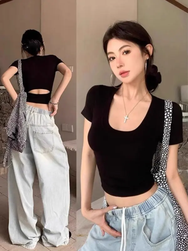 Black Spicy Girl U-neck  Waist Short-sleeved T-shirt Women's Summer Slim Fit Short Back Hollow out Low-neck Top