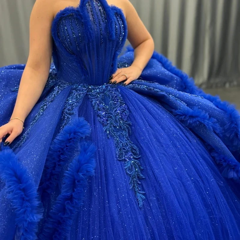 

Блестящие королевские синие платья Quinceanera по индивидуальному заказу с открытыми плечами и хрустальной аппликацией, многослойное платье с длинным хвостом, Vestido 15, Quinceanera