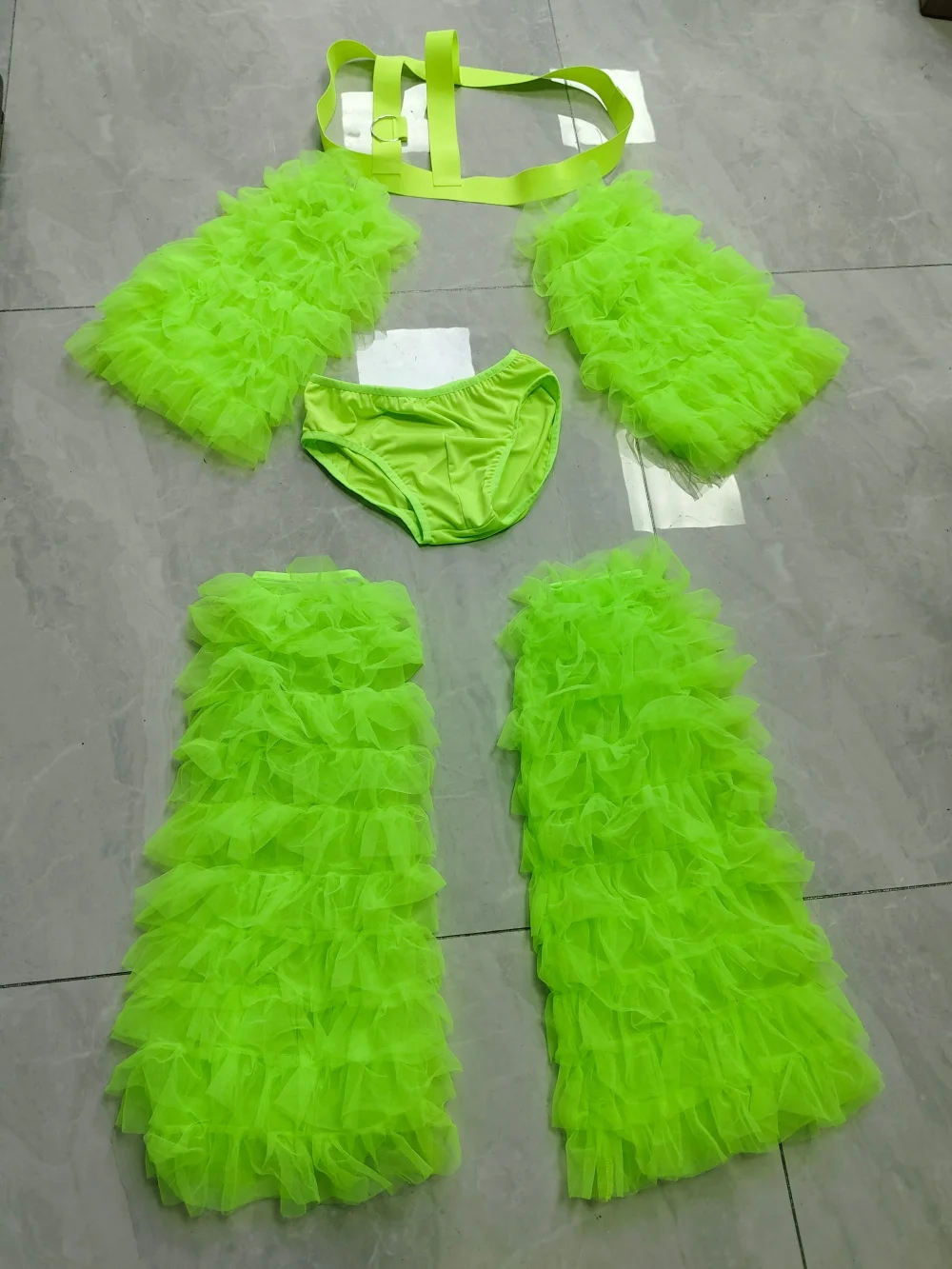 Fluorescent Green Gauze 4 Piece Set Festival Party Carnival Show Rave Outfit Nightclub DJ Dancer Group Performance Stage Costume view 6