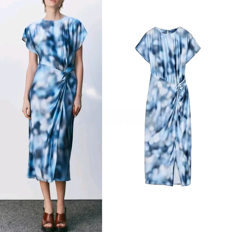 Primavera delle nuove donne tinte vita pieghettata rotonda Ne raso di seta sensazione di media lunghezza Dr Pendolarismo vita alta A-Line estate lunga