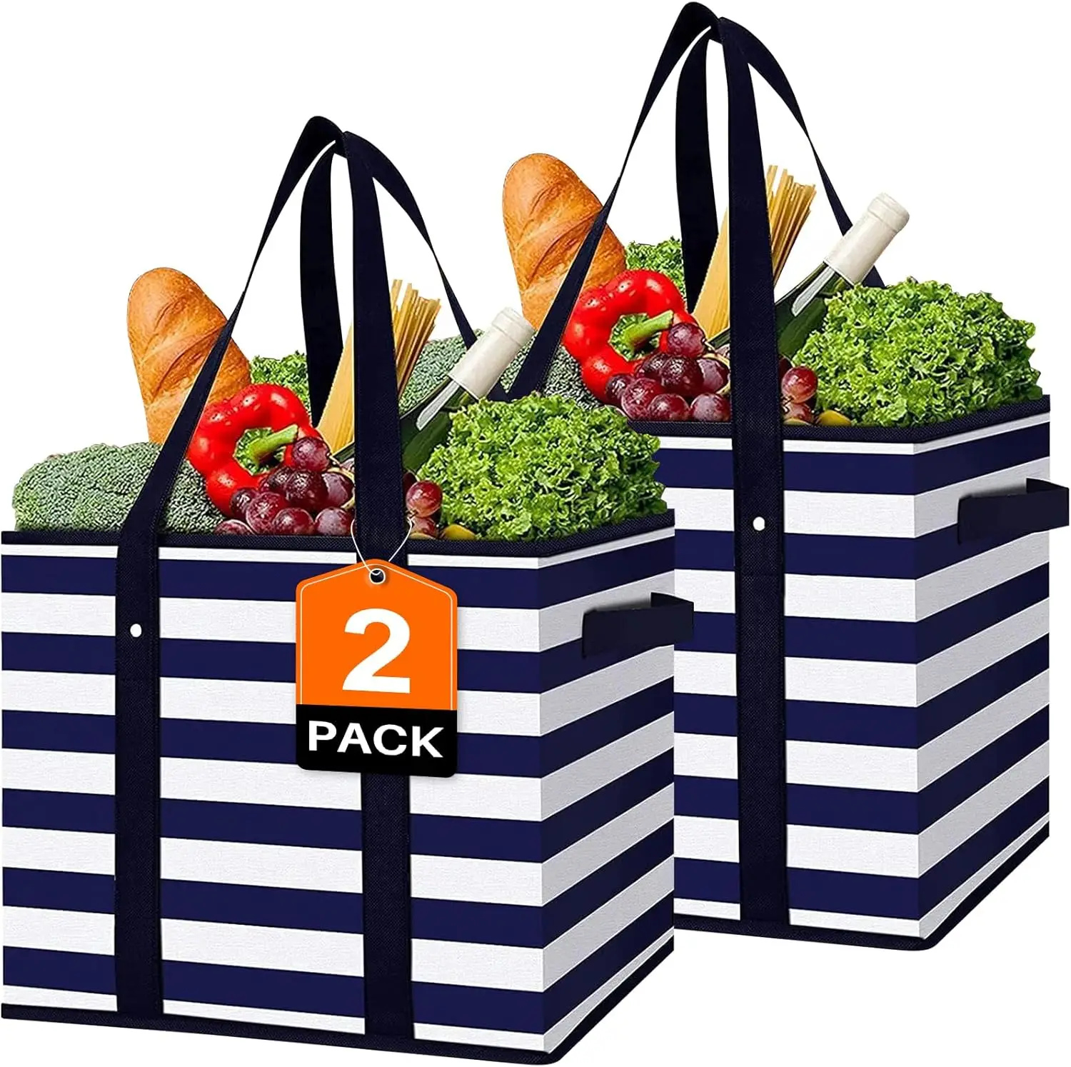 

2 Pack Large Water Resistant Collapsible Tote Bags for Grocery Shopping, Picnic, and Travel