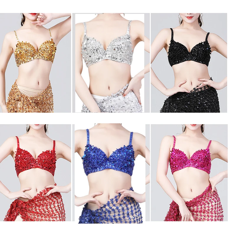 Sequin Belly Dance Top Bra for Women Tribal Professional Glitter Vintage Gypsy Dancing Carnival Push Up Padded Bra Costume Suit