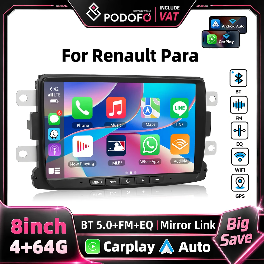 Podofo 8-calowy podwójny DIN system audio do samochodu dla Renault Para Dacia Logon/Sandero/Lodgy/Captur/Plumero/Lada Xray z bezprzewodowym Carplay, Android Auto, Mirror Link, radiem samochodowym,