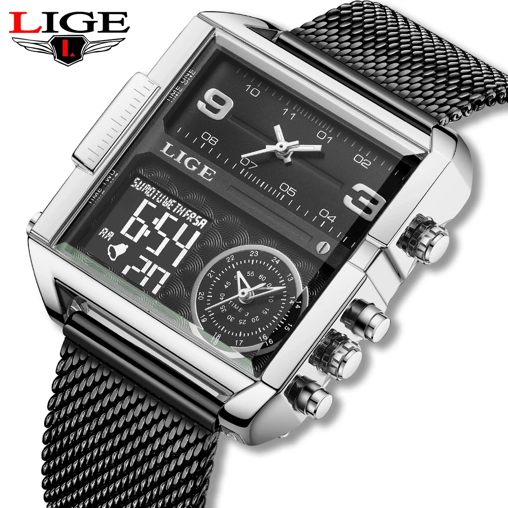 Reloj LIGE de acero negro a la moda para hombre, reloj Digital con pantalla Dual, cronógrafo deportivo, reloj de pulsera de cuarzo resistente al agua, reloj militar para hombre