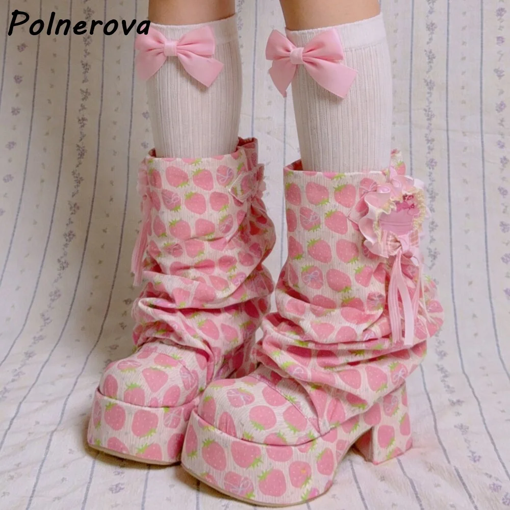 Sweet Lolita Strawberry Print Platform Boots Pink Kawaii Ruffle Bow Chunky Heel Mid-Calf Shoes Harajuku Gothic Cosplay Shoes