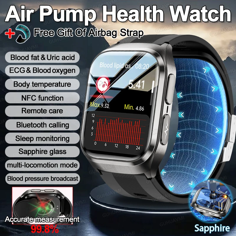 

NEW Air Pump Health AI Diagosis Smart Watch ECG Accurate blood pressure measurement Lipid Uric Acid NFC Air Bag Smart Watch Man