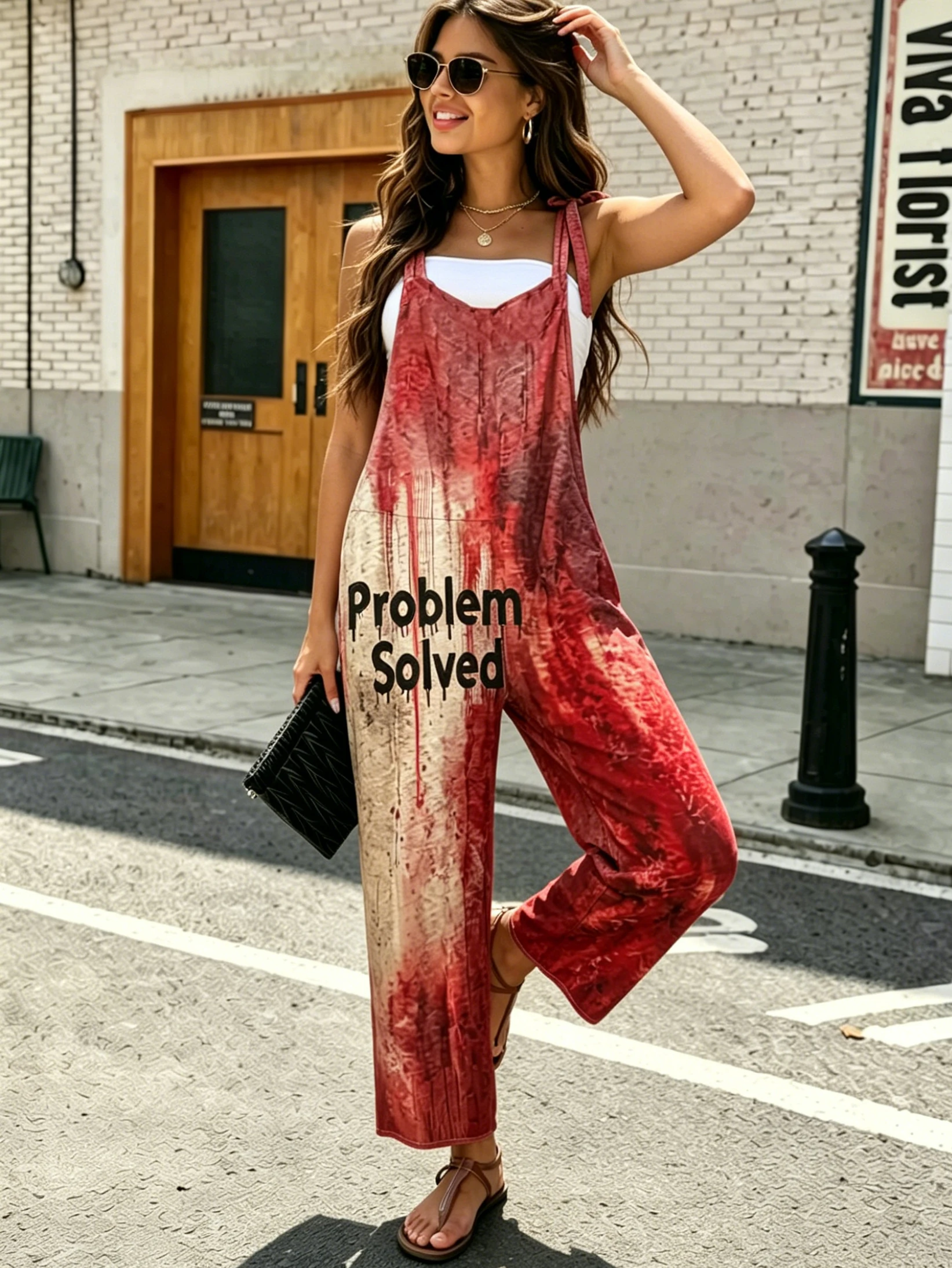 Women Gradient Red Drip Letter Print Sling Overalls Loose Streetwear Jumpsuit