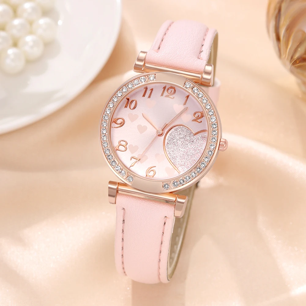 5PCS Pink Women\'s Luxury PU Leather Strap Watch Women\'s Quartz Watch Fashion Bracelet Watch Set Women\'s Perfect Gift