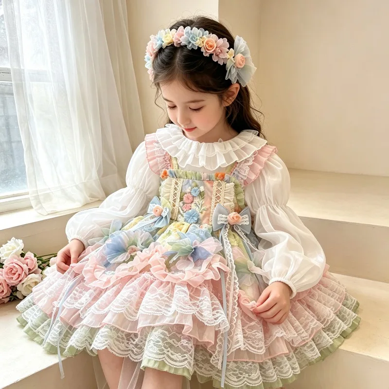 Kinder-Lolita-Kleid mit Rüschenkragen, mehrschichtigem Spitzenrock, Blumen-Stirnband, Feenprinzessinnen-Outfit, Mädchen-Geburtstagskostüm – Detail 3